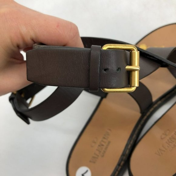 Valentino Garavani brown leather braided strappy sandals gold flower embroidery - Picture 9 of 14